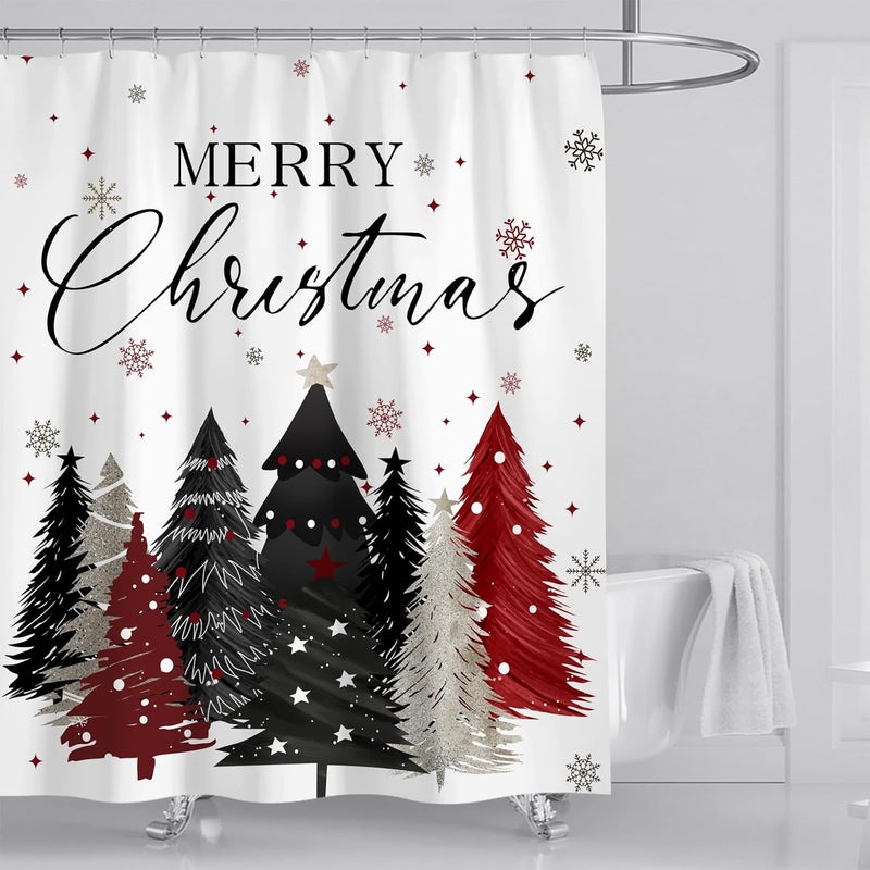 Apear1 4Pcs Merry Christmas Shower Curtain Set Xmas Tree Snowflake Shower Curtain for Christmas Bathroom Decor with Anti-Slip Waterproof Bathtub Bathroom Rugs Toilet Lid Cover (White) - Image 5